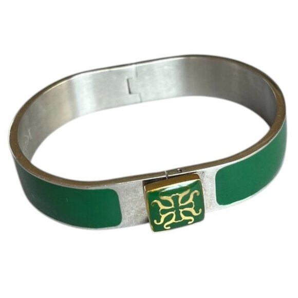 Rustic Cuff Enamel Green and Stainless Hinged Logo Bracelet - Picture 3 of 5